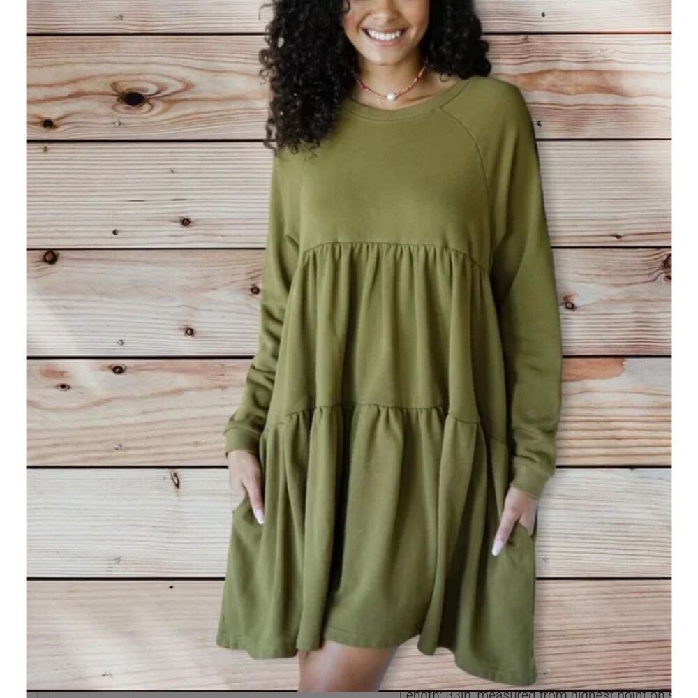 NWT Natural Life Joey Sweatshirt Mini Dress XS/Small Olive Green Crewneck Tiered